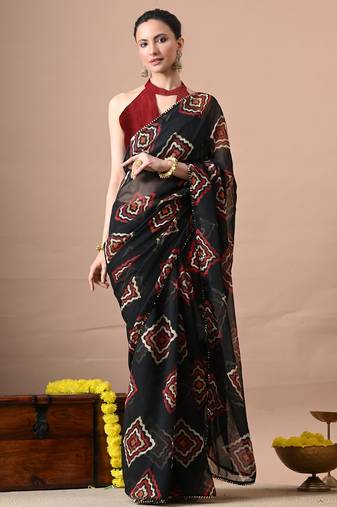 Black block print georgette saree with unstitched blouse piece