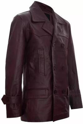 Men's burgundy genuine lambskin leather tranch coat - 4 envelope pocket & button style 3