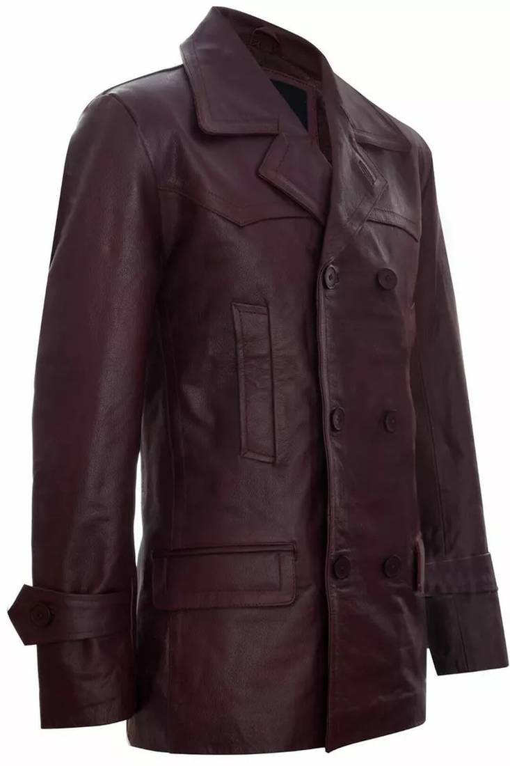 Men's burgundy genuine lambskin leather tranch coat - 4 envelope pocket & button style