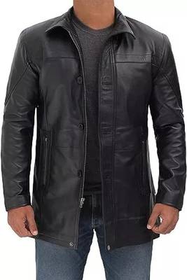 Men's black genuine lambskin leather blazer coat - 2 pocket & button style 1