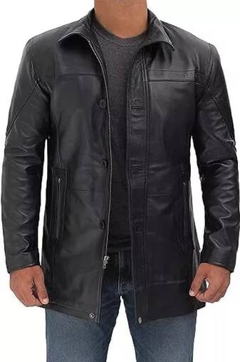 Men's black genuine lambskin leather blazer coat - 2 pocket & button style