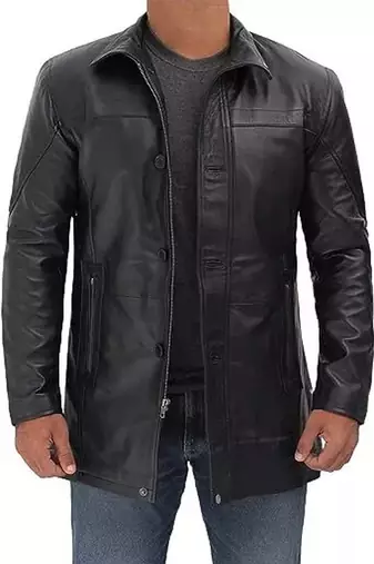Men's black genuine lambskin leather blazer coat - 2 pocket & button style