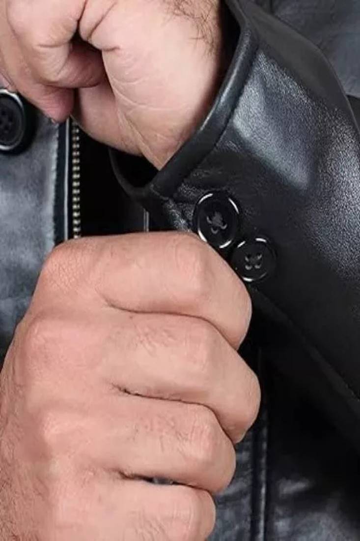 Men's black genuine lambskin leather blazer coat - 2 pocket & button style