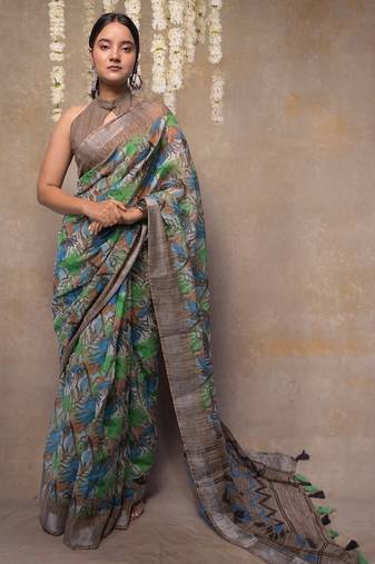 Green floral printed cotton blend saree with unstitched blouse piece