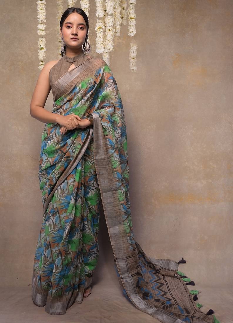 Green floral printed cotton blend saree with unstitched blouse piece