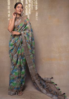 Green floral printed cotton blend saree with unstitched blouse piece 2