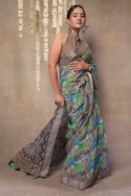Green floral printed cotton blend saree with unstitched blouse piece 3