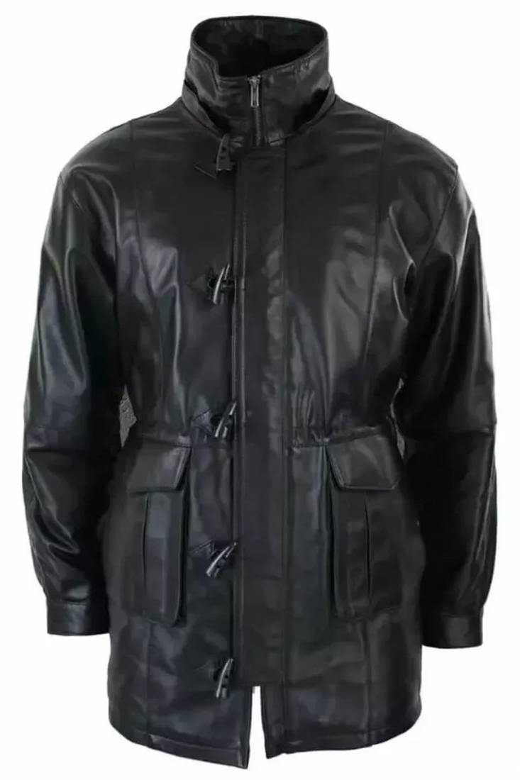 Men's black genuine lambskin leather blazer coat - 2  front patch pocket & button style