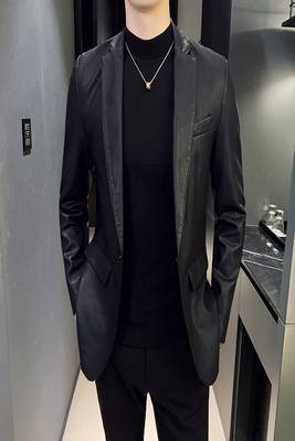 Men's black genuine lambskin leather blazer coat - 2  front patch pocket & button style 1