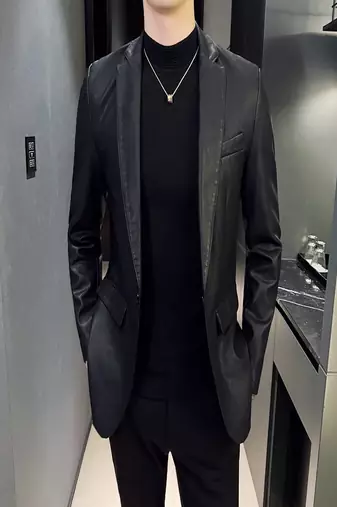 Men's black genuine lambskin leather blazer coat - 2  front patch pocket & button style