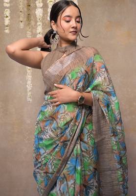 Green floral printed cotton blend saree with unstitched blouse piece 4