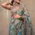 Green floral printed cotton blend saree with unstitched blouse piece
