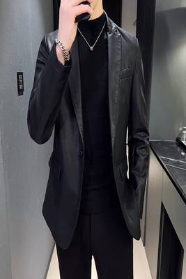 Men's black genuine lambskin leather blazer coat - 2  front patch pocket & button style 2