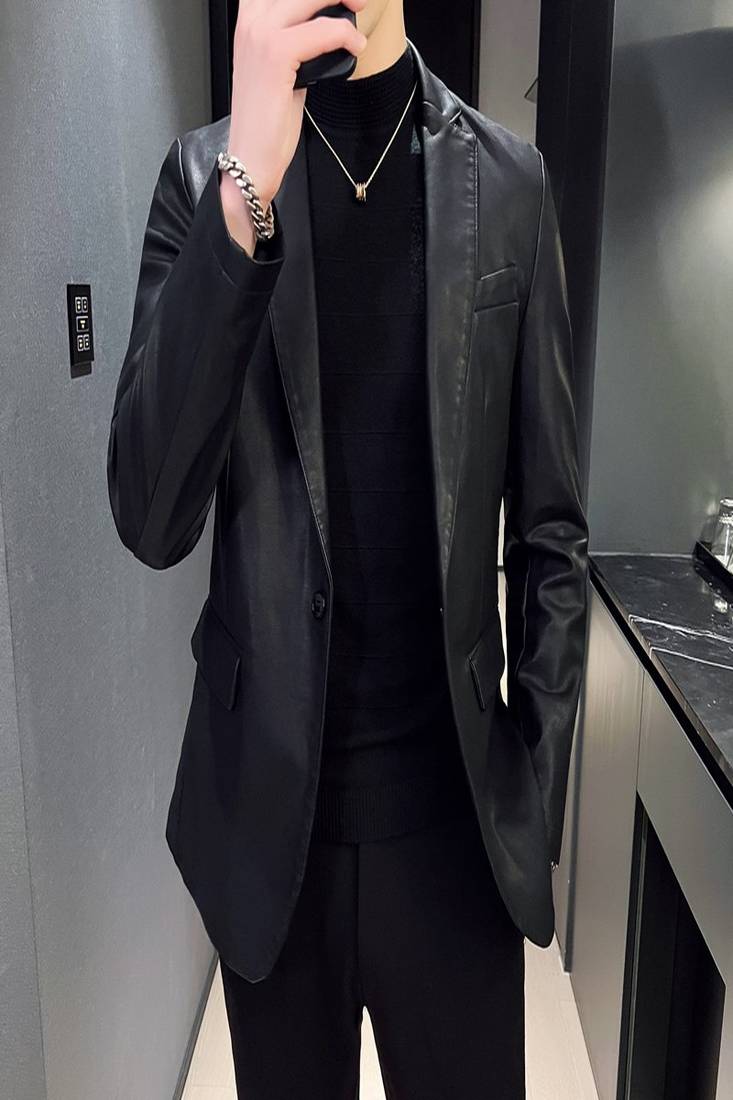 Men's black genuine lambskin leather blazer coat - 2  front patch pocket & button style