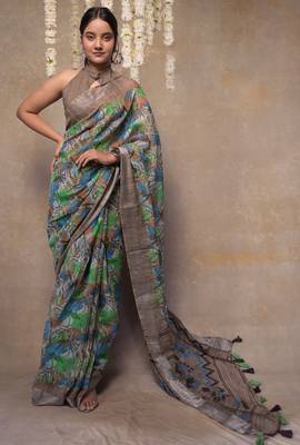 Green floral printed cotton blend saree with unstitched blouse piece 5