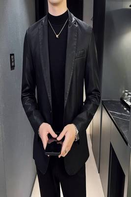Men's black genuine lambskin leather blazer coat - 2  front patch pocket & button style 3