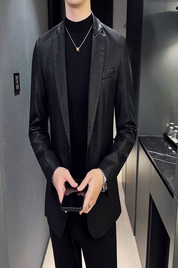 Men's black genuine lambskin leather blazer coat - 2  front patch pocket & button style