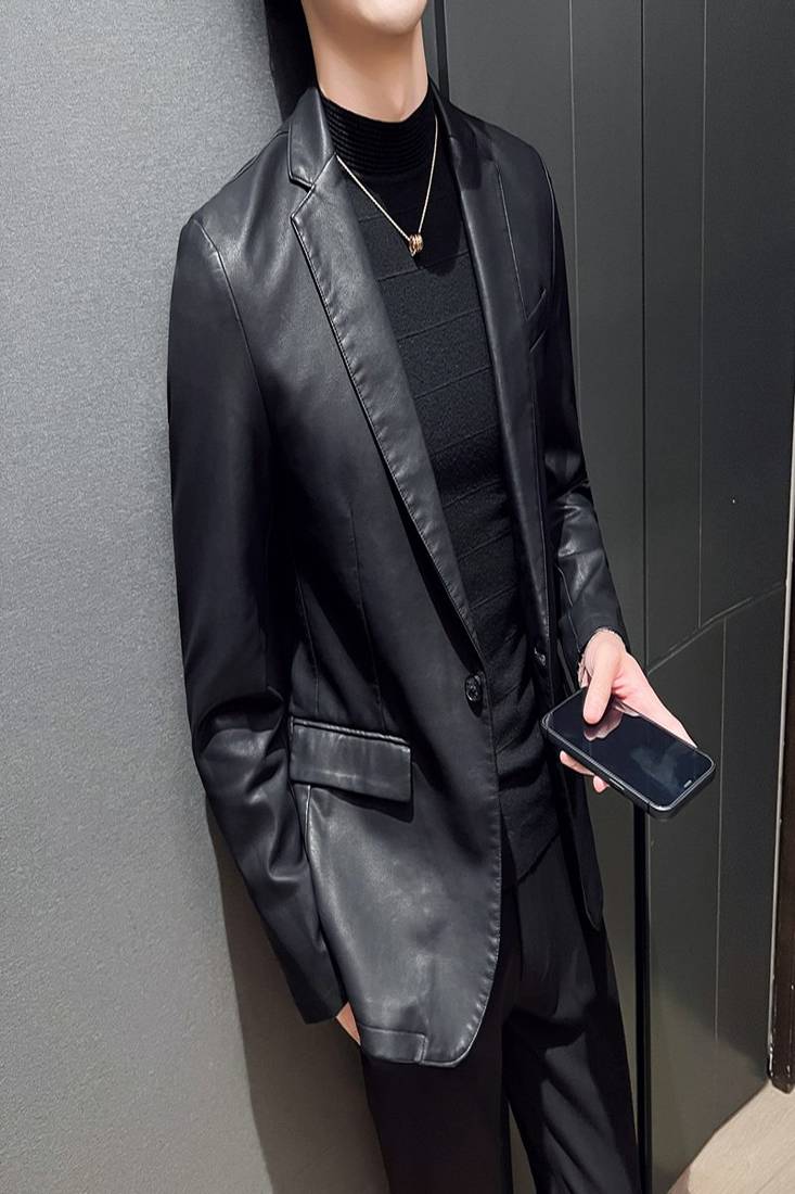 Men's black genuine lambskin leather blazer coat - 2  front patch pocket & button style