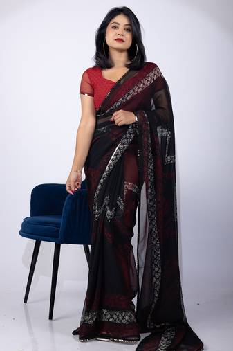 Black chevron printed georgette saree with unstitched blouse piece