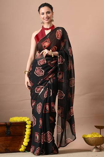 Black paisley block print georgette saree with unstitched blouse piece