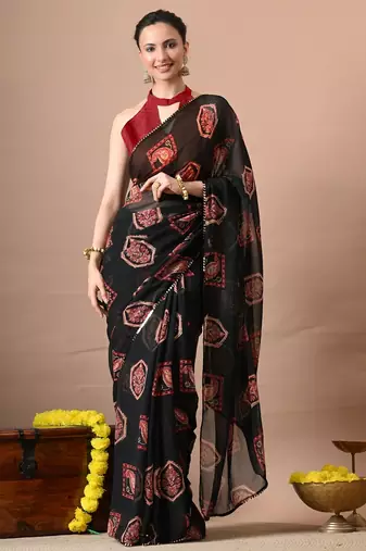 Black paisley block print georgette saree with unstitched blouse piece