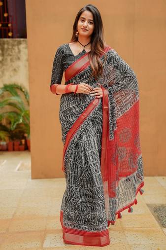 Black bagru zari border cotton blend saree with unstitched blouse piece