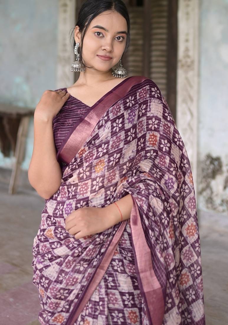 Wine batik printed cotton blend saree with unstitched blouse piece