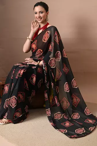 Black paisley block print georgette saree with unstitched blouse piece