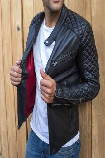 Men's black genuine lambskin leather front patch pocket & quilted hand style