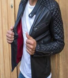 Men's black genuine lambskin leather front patch pocket & quilted hand style