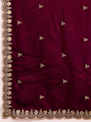 Maroon Satin Embroidery Sequence Work Saree with Unstitch Blouse Piece For Women 6