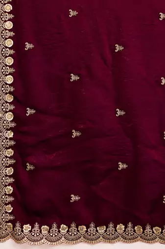 Maroon Satin Embroidery Sequence Work Saree with Unstitch Blouse Piece For Women
