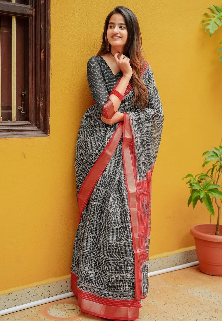 Black bagru zari border cotton blend saree with unstitched blouse piece