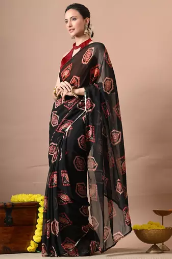 Black paisley block print georgette saree with unstitched blouse piece