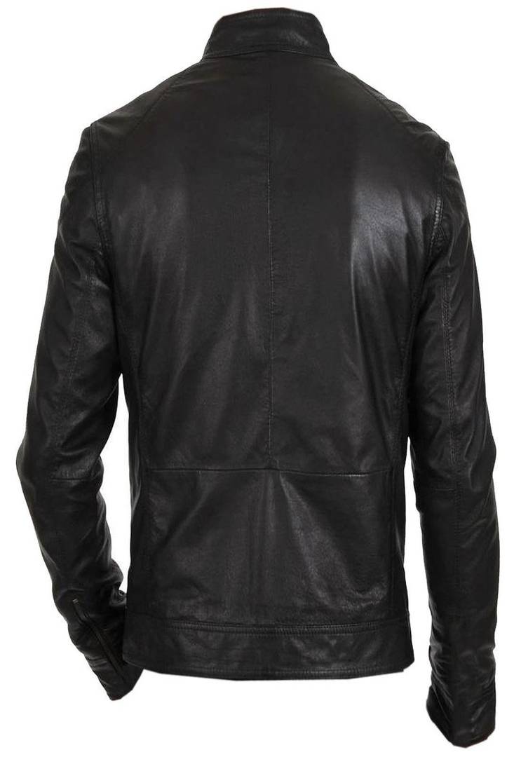 Men's black genuine lambskin leather  zipper & waist belt style