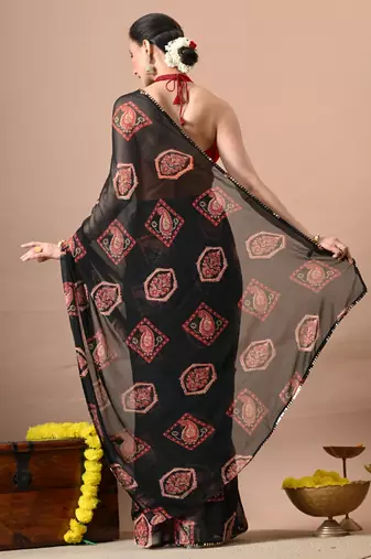 Black paisley block print georgette saree with unstitched blouse piece