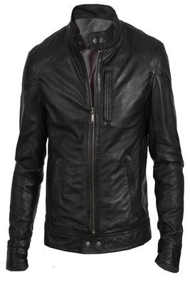 Men's black genuine lambskin leather  zipper & waist belt style 1