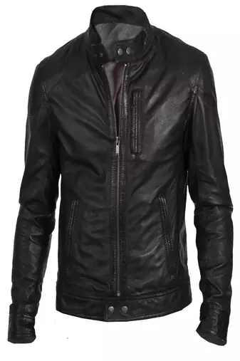 Men's black genuine lambskin leather  zipper & waist belt style