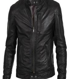 Men's black genuine lambskin leather  zipper & waist belt style