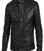 Men's black genuine lambskin leather  zipper & waist belt style