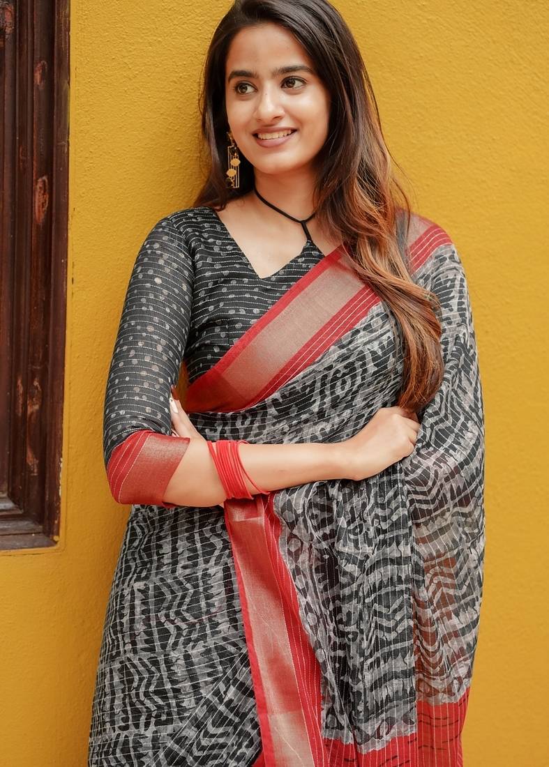 Black bagru zari border cotton blend saree with unstitched blouse piece
