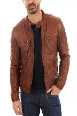 Men's brown  genuine lambskin leather zipper & café racer coller style 1