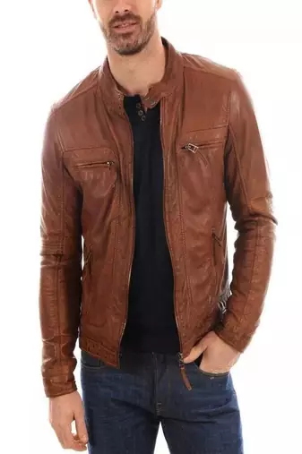 Men's brown  genuine lambskin leather zipper & café racer coller style