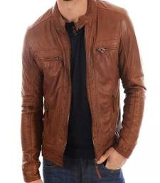 Men's brown  genuine lambskin leather zipper & café racer coller style
