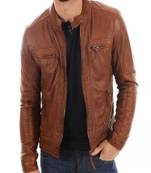 Men's brown  genuine lambskin leather zipper & café racer coller style