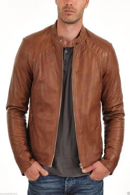 Men's brown  genuine lambskin leather zipper & café racer coller style 2