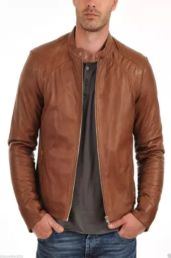 Men's brown  genuine lambskin leather zipper & café racer coller style