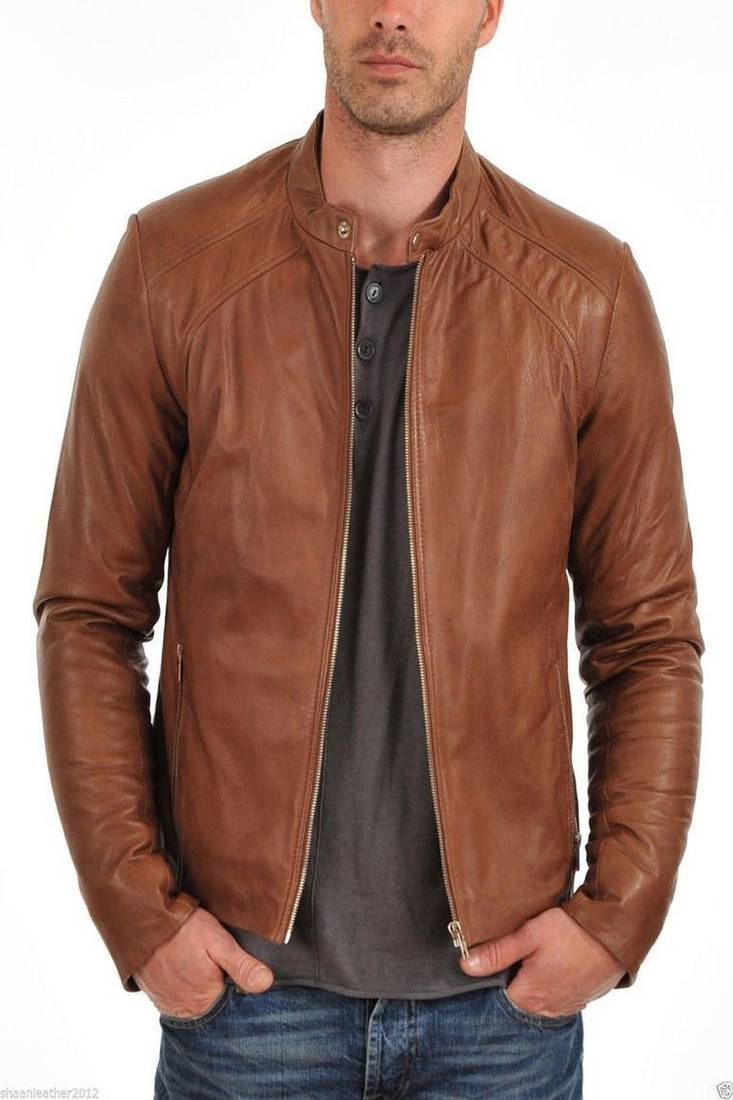 Men's brown  genuine lambskin leather zipper & café racer coller style