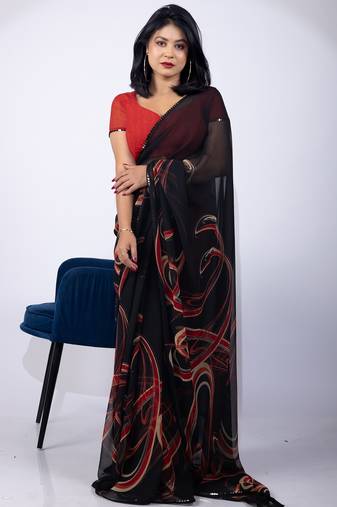Black geometric print georgette saree with unstitched blouse piece