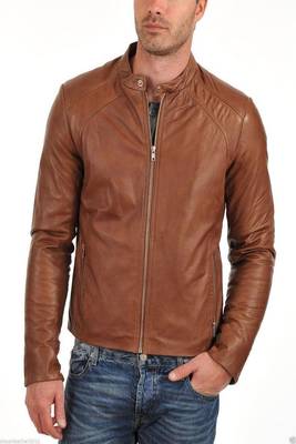 Men's brown  genuine lambskin leather zipper & café racer coller style 3